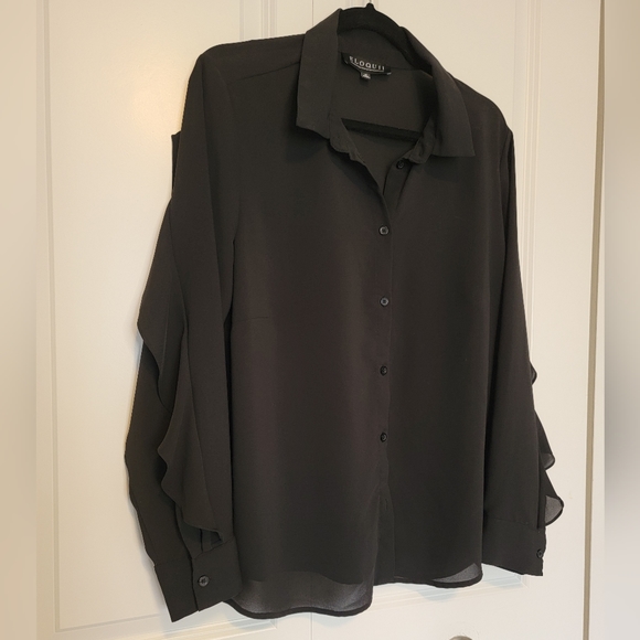 Eloquii Women's Plus Size Black Chiffon Collared Blouse with Flutter Trim - 18 - Picture 6 of 13